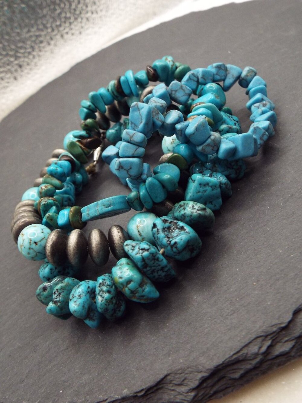 FOUR TURQUOISE (LANDER, KINGMAN, MORENCI & PERSIAN) BEADS STRETCHY BRACELETS K